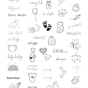 May include: A collection of black and white illustrations of baby-related themes, including baby footprints, a pregnant woman, a baby bottle, a baby carriage, a teddy bear, a rainbow, a pacifier, and a baby shower. The illustrations are perfect for use on cards, invitations, or other baby-related projects.