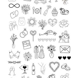 May include: A collection of black and white wedding-themed illustrations. The illustrations include hearts, rings, flowers, doves, a cake, a car, and a couple.