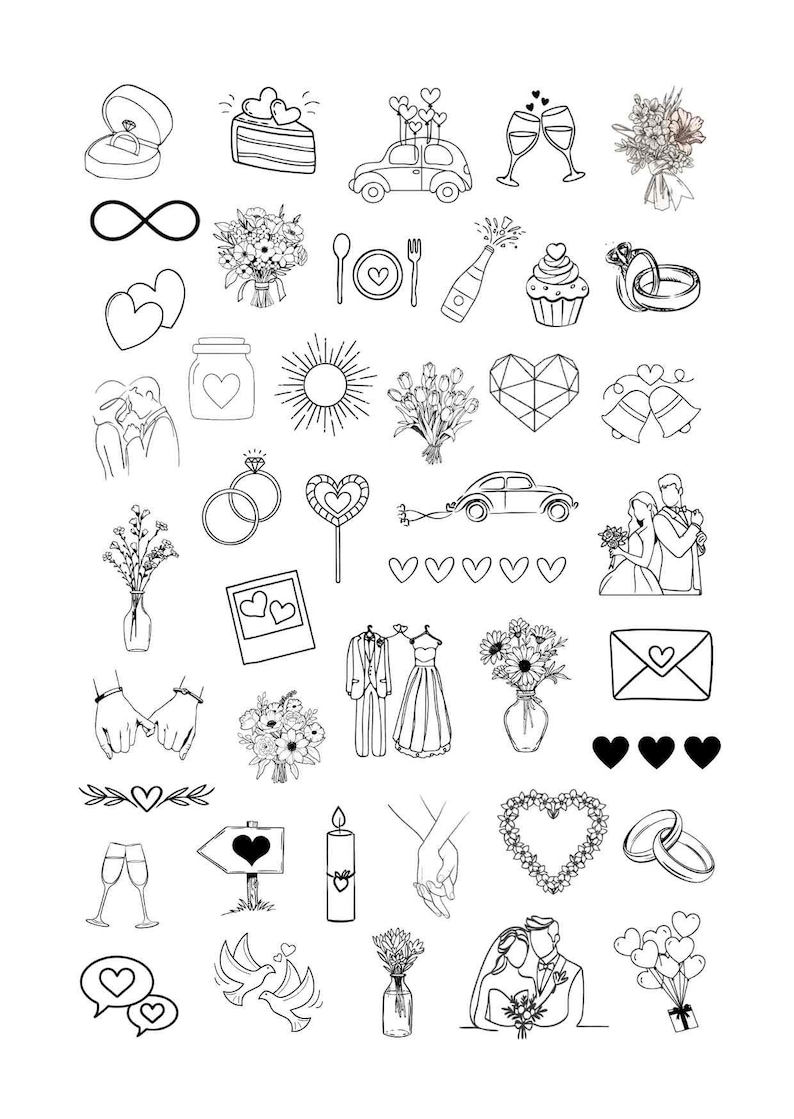 May include: A collection of black and white wedding-themed illustrations. The illustrations include hearts, rings, flowers, doves, a cake, a car, and a couple.