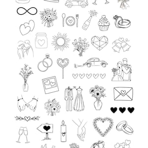 May include: A collection of black and white wedding-themed illustrations. The illustrations include hearts, rings, flowers, doves, a cake, a car, and a couple.
