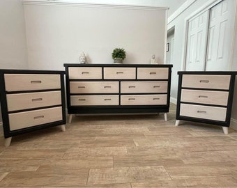 Mid Century Modern Dresser Set with 2 Nightstands - Dark Gray & Light Natural Wood