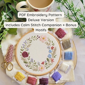 Deluxe Hand Embroidery Pattern, Floral Hoop Art, Wildflower embroidery, whimsical embroidery pattern, floral wreath embroidery pdf