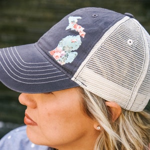 Dark Gray - Vintage Floral Michigan  //  womens trucker hat - Floral Hat, Vintage Michigan, Womens Hat