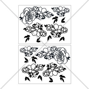May include: Two black and white floral designs featuring large roses and smaller flowers. The designs are ideal for crafting, scrapbooking, or decorating.