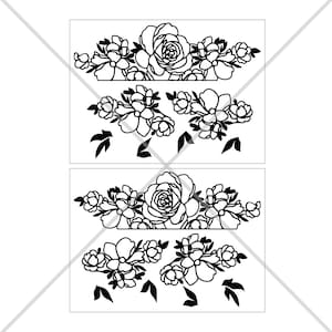 Puede incluir: Dise&ntilde;o floral en blanco y negro con dos filas de flores. La fila superior presenta una rosa grande con flores m&aacute;s peque&ntilde;as que la rodean. La fila inferior presenta un dise&ntilde;o similar con una rosa grande y flores m&aacute;s peque&ntilde;as.