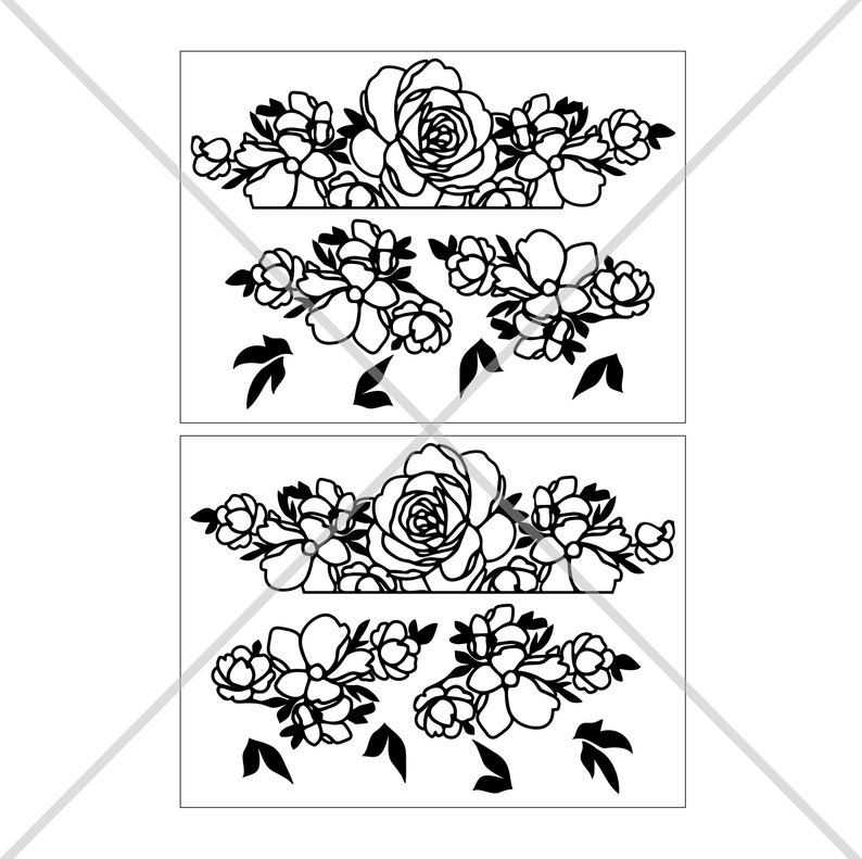 Puede incluir: Dise&ntilde;o floral en blanco y negro con dos filas de flores. La fila superior presenta una rosa grande con flores m&aacute;s peque&ntilde;as que la rodean. La fila inferior presenta un dise&ntilde;o similar con una rosa grande y flores m&aacute;s peque&ntilde;as.