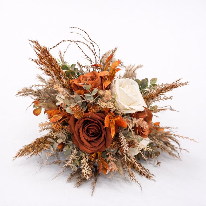 Rust Colored Roses Florist Autumn Bridal Bouquet: Rust, Burnt Orange and Ivory. Pampas Grass ...