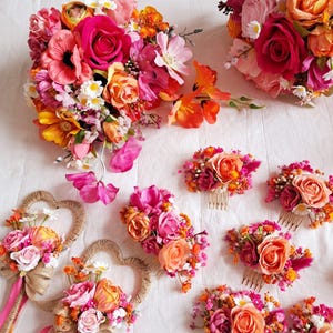 Bright Hot Pink & Orange Artificial Bridal Bouquet/bouquet/wedding/bridal/bridesmaid/fesitval