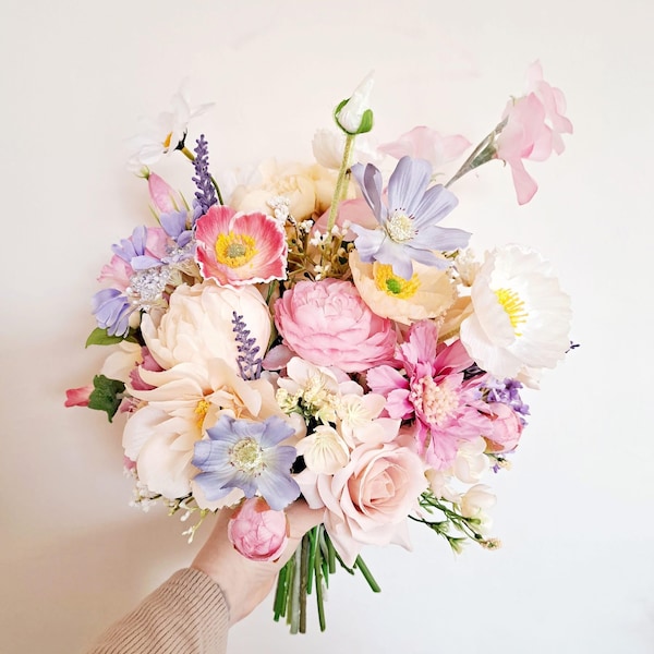 Pastel Wildflower Bridal Bouquet- Whimsical Spring Wedding Bouquet- Lavender, Daisy, Sweet Pea, Poppies, Peony