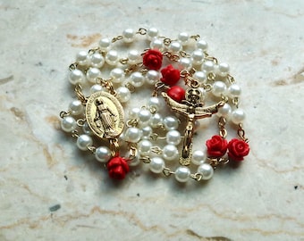 White Beaded Rosary with Gold Toned Miraculous Medal | First Communion Gift