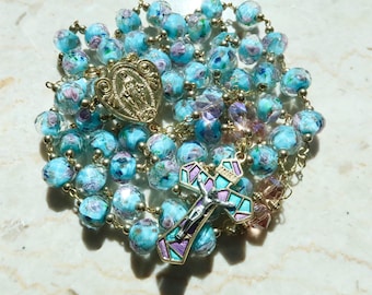 Aqua Floral Lampwork Rosary | Gold Plated, Miraculous Medal