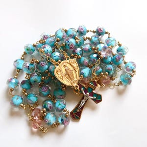 Aqua Floral Lampwork Beads Gold Plated Catholic Rosary with Miraculous Medal | Girl's Rosary | First Communion Gift | Baptism Gift