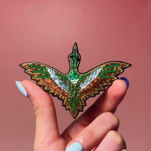 Handmade Emerald Dove Brooch: Sequin Bird Pin, Bohemian Jewelry