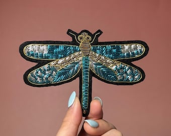 Dragonfly Embroidered Patch: Blue Cannetille Wire, Beads, Cotton Canvas