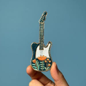 Floral Guitar Embroidered Patch Music Lover’s Iron On Patch Guitar Lover Gift Bags and Hats Handmade Back Patch Custom Patches Hat Patches