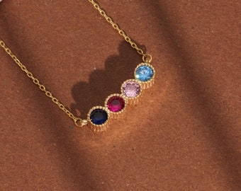 Colar de pedra de aniversário da mãe, colar de pedra de aniversário de família, colar de pedra de aniversário personalizado, colar de ouro maciço 14K, joias com pingente de pedra de aniversário