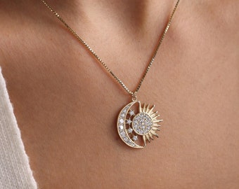 Sun and Moon Necklace, Celestial Sunshine Necklace, Crescent Moon Necklace, Stars Necklace, Sun Necklace, Moon Necklace, Gift for Her, Gift