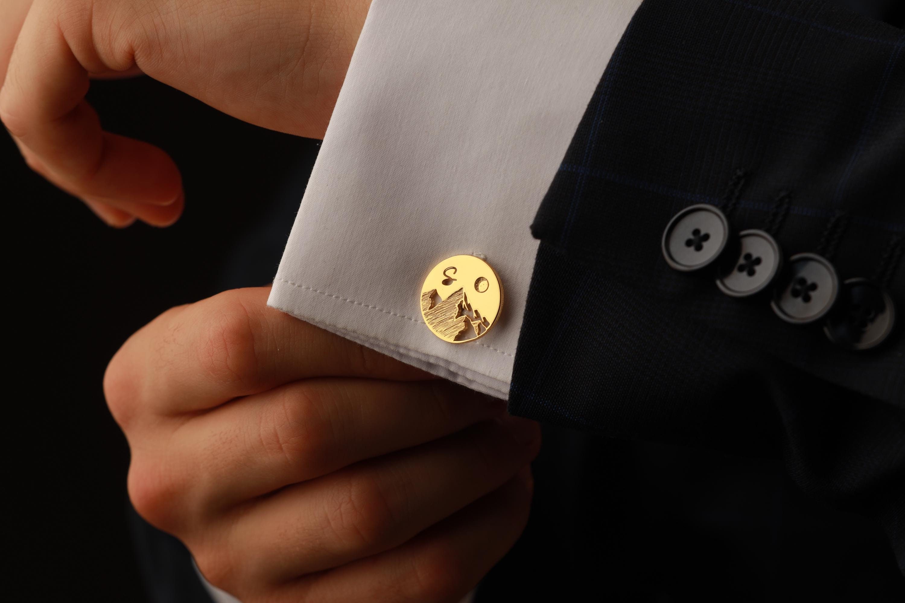 Personalized Cufflinks, Mountain Cufflinks, Moon Cufflinks, Groom Wedding Cufflinks, Gift for Husband, Initial Cufflinks, Christmas Cufflink