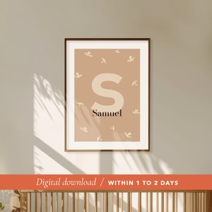 Póster de nacimiento personalizado con pájaros en acuarela en estilo boho beige minimalista