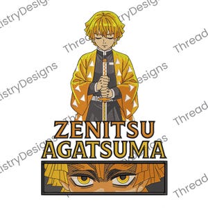 Może przedstawiać: Haftowany wzór przedstawiający Zenitsu Agatsuma z Demon Slayer. Postać ma żółte włosy i nosi żółto-pomarańczowy płaszcz we wzory, trzymając miecz. Poniżej widnieje napis "ZENITSU AGATSUMA" w stylizowanej czcionce, z zbliżeniem oczu postaci.