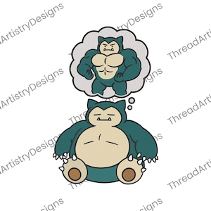 Op de afbeelding: Geborduurd ontwerp met een stripfiguur, Snorlax, in een ontspannen pose, met een denkbel die een gespierde versie van zichzelf laat zien. Het ontwerp gebruikt teal, beige en bruine kleuren.