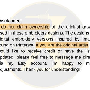May include: Disclaimer: I do not claim ownership of the original artwork used in these embroidery designs. The designs are digital embroidery versions inspired by images found on Pinterest. If you are the original artist and would like to receive credit or have the listing updated, please feel free to message me directly via my Etsy account. I'm happy to make adjustments. Thank you for understanding!