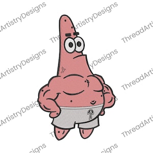 Może przedstawiać: Haftowany wzór Patryka Gwiazdy z SpongeBoba Kanciastoportego, przedstawiony z muskularną budową ciała. Wzór przedstawia różowy korpus, szare szorty i surowy wyraz twarzy. Tekst "ThreadArtistryDesigns" powtarza się po przekątnej na obrazie.