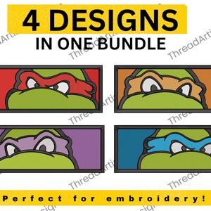 Pode incluir: Quatro designs de bordado com as Tartarugas Ninja, cada um com uma máscara de cor diferente: vermelho, laranja, roxo e azul. O texto diz "4 DESIGNS IN ONE BUNDLE" e "PERFECT FOR EMBROIDERY!"