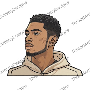 May include: An embroidered design of a man's head and shoulders, facing left. The man has dark skin, a neatly trimmed beard, and short, curly hair. He wears a light tan hoodie. The words "ThreadArtistryDesigns" are diagonally printed around the image.