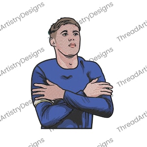 May include: An embroidered design of a person in a blue shirt with arms crossed. The person has short brown hair and a neutral expression. The design is detailed with shading and highlights, giving it a realistic appearance.