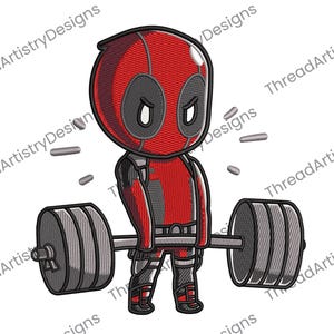 May include: An embroidered design of a cartoon Deadpool character lifting a barbell. The character is in a red and black suit with a red mask. The barbell has grey weights. The design is on a white background.
