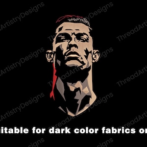 Puede incluir: Ilustración digital de un rostro masculino en estilo geométrico, sobre fondo negro. El rostro está representado en tonos beige, rojo y negro. El texto en la parte inferior dice "Suitable for dark color fabrics only."