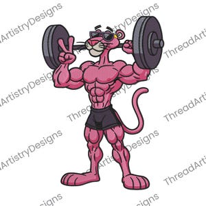 Könnte beinhalten: Ein rosa Cartoon-Panther mit Sonnenbrille und schwarzen Shorts, der eine Langhantel mit Gewichten hebt. Der Panther hat einen muskulösen Körperbau und befindet sich in einer Gewichtheberpose. Das Bild hat den Text "ThreadArtistryDesigns".