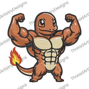 May include: Embroidered design of a muscular, orange Charmander flexing its arms. The cartoon character has a tan chest and a flame at the end of its tail. The design is on a white background with the text "ThreadArtistryDesigns".