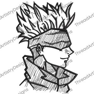 May include: Black and white line art illustration of a person with spiky hair wearing a blindfold and a jacket. The person is looking to the right.