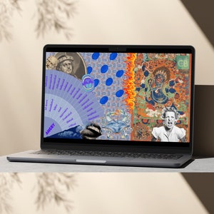 May include: A laptop computer displaying a colorful digital art piece with a circular design and the word "HAPPY" in the upper right corner. The art features a variety of images, including a mouth, a palm tree, and a woman's face.