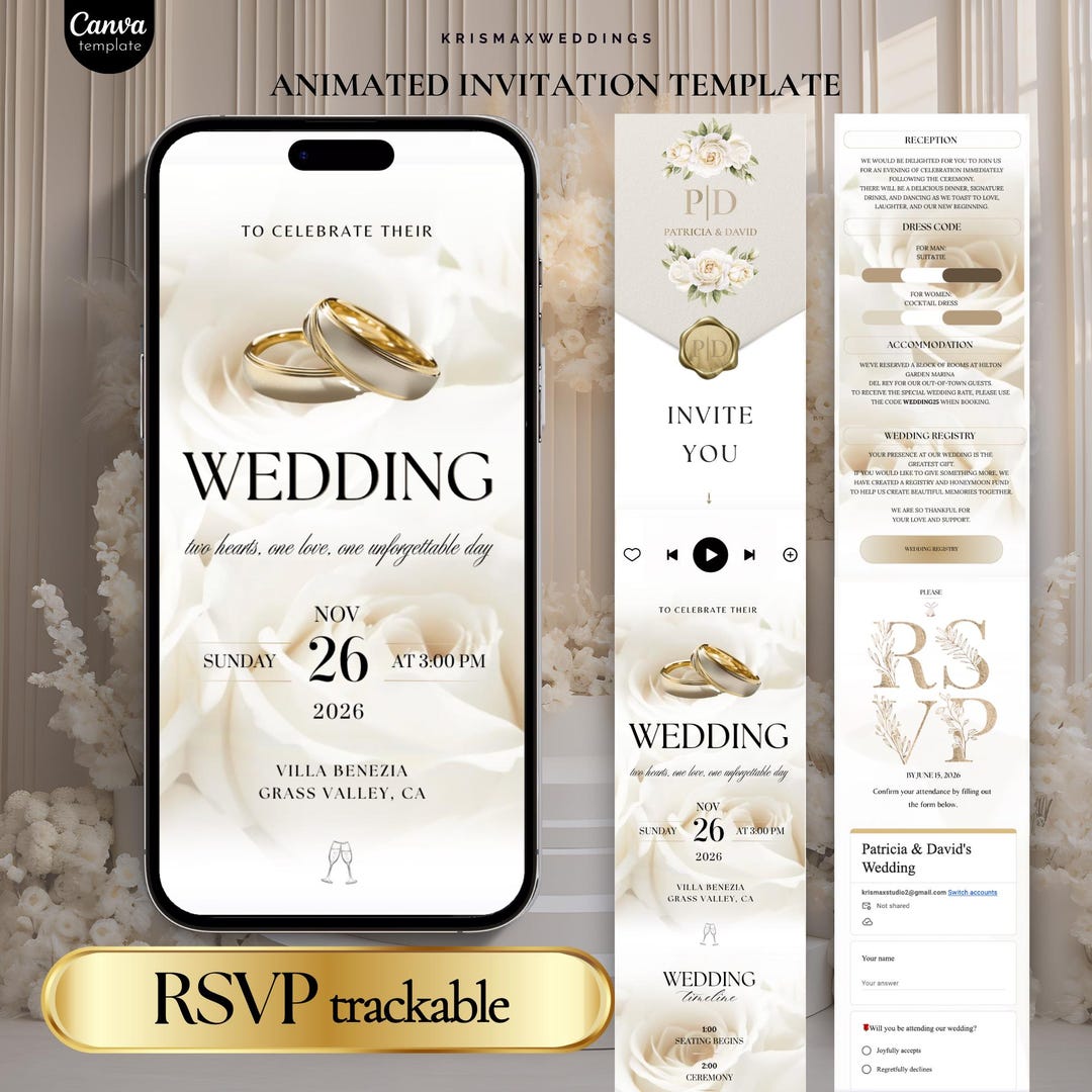 Animated Einvite Elegant Animated Wedding Invitation, Classic Neutral Digital Einvite ...