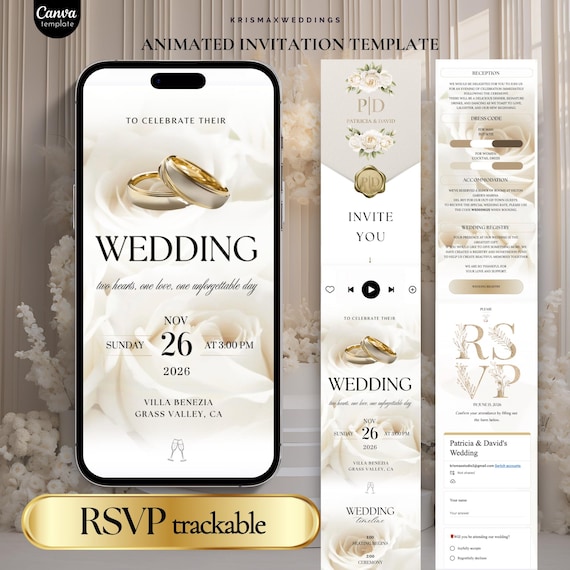 Elegant Animated Wedding Invitation, Classic Neutral Digital eInvite with Trackable RSVP, Editable Canva Template for Modern Wedding