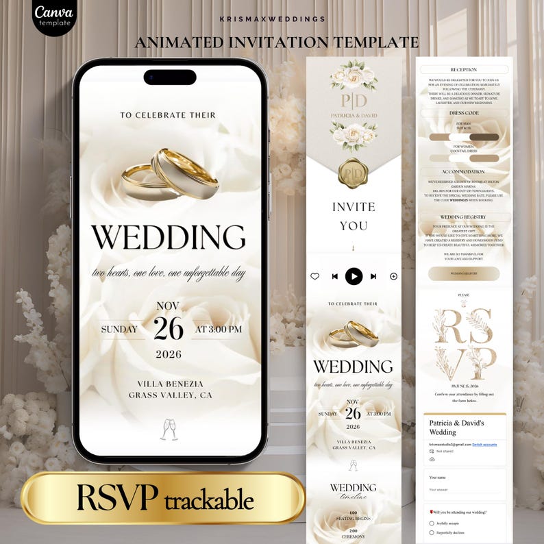 May include: An animated wedding invitation template displayed on a smartphone screen and vertical panels. The design features white roses, gold wedding rings, and text including "WEDDING," "NOV 26 2026," "VILLA BENEZIA," and "RSVP trackable" in a gold bar.