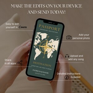 May include: A smartphone displays a wedding invitation with a passport theme. The invitation features a world map and compass design in gold on a dark green background. Text includes "Passport Wedding Invitation" and "Destination" with location and date. The phone is held in a person's hands.