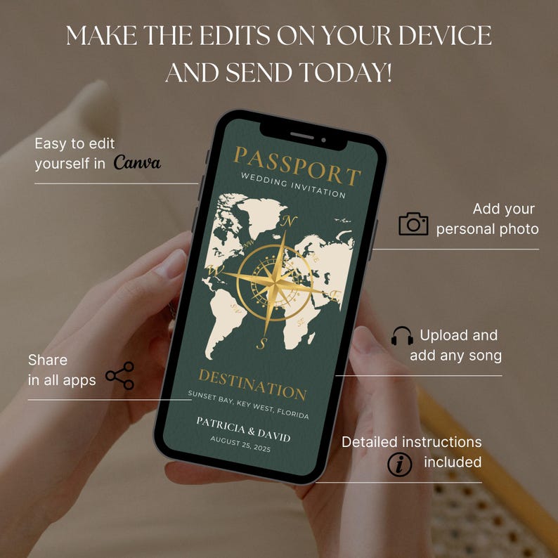 May include: A smartphone displays a wedding invitation with a passport theme. The invitation features a world map and compass design in gold on a dark green background. Text includes "Passport Wedding Invitation" and "Destination" with location and date. The phone is held in a person's hands.