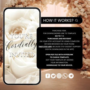 May include: A white floral background with a smartphone displaying instructions on how to download a digital template. The text on the screen reads "HOW IT WORKS?" and includes instructions on how to purchase, download, and edit the template. The text also includes the phrase "NOT ETSY APP, because Etsy doesn't support digital downloads in the app."