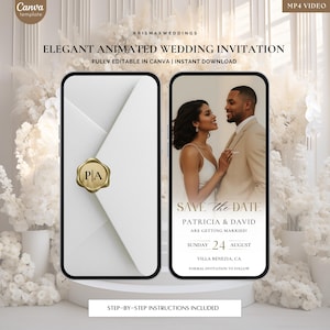 May include: Two smartphone screens displaying a digital wedding invitation template. One screen shows a white envelope with a gold wax seal featuring the initials PA. The other screen shows a couple with the text Save the Date, Patricia & David.