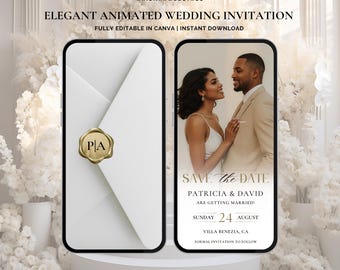 May include: Two smartphone screens displaying a digital wedding invitation template. One screen shows a white envelope with a gold wax seal featuring the initials PA. The other screen shows a couple with the text Save the Date, Patricia & David.