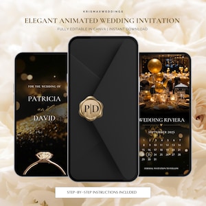 Könnte beinhalten: Elegante animierte Hochzeitseinladung, dargestellt auf drei Smartphones. Das Design zeigt einen schwarzen Umschlag mit goldenem Siegel, einen Diamantring und eine Hochzeitsfeier. Text enthält "Patricia und David" und "Wedding Riviera."