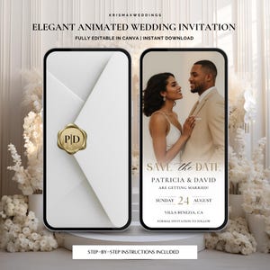May include: Two smartphone screens displaying a wedding invitation. One shows an envelope with a gold seal, the other a couple with the text "Save the Date". The text reads "Elegant Animated Wedding Invitation".