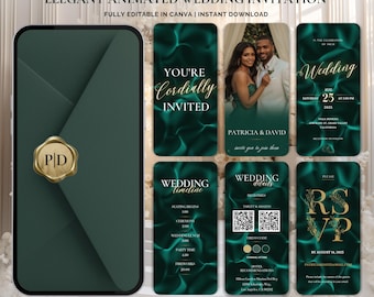 Emerald Green Wedding Invitation Video • Animated Canva Template, Timeline & Details • Elegant Digital Wedding Evite for Mobile