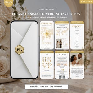 May include: A digital wedding invitation template set featuring a smartphone displaying a white envelope with a gold wax seal monogram. The set includes six vertical panels with gold text, world map graphics, a compass, and photo placeholders.