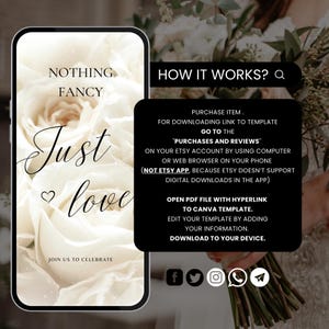 May include: A smartphone screen displaying instructions on how to download and use a wedding invitation template. The text on the screen reads "How it works?" and includes instructions to purchase the item, download the template, and edit it using Canva. The background image is a close-up of a white rose.