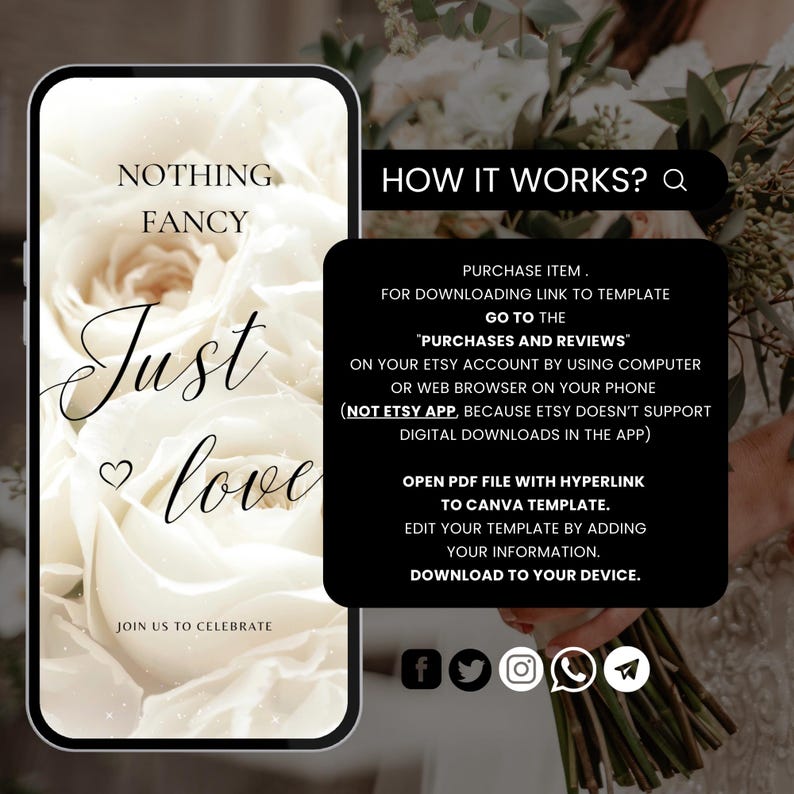 May include: A smartphone screen displaying instructions on how to download and use a wedding invitation template. The text on the screen reads "How it works?" and includes instructions to purchase the item, download the template, and edit it using Canva. The background image is a close-up of a white rose.